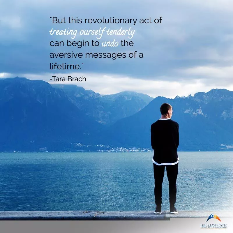 Man looking at mountains, Tara Brach quote.