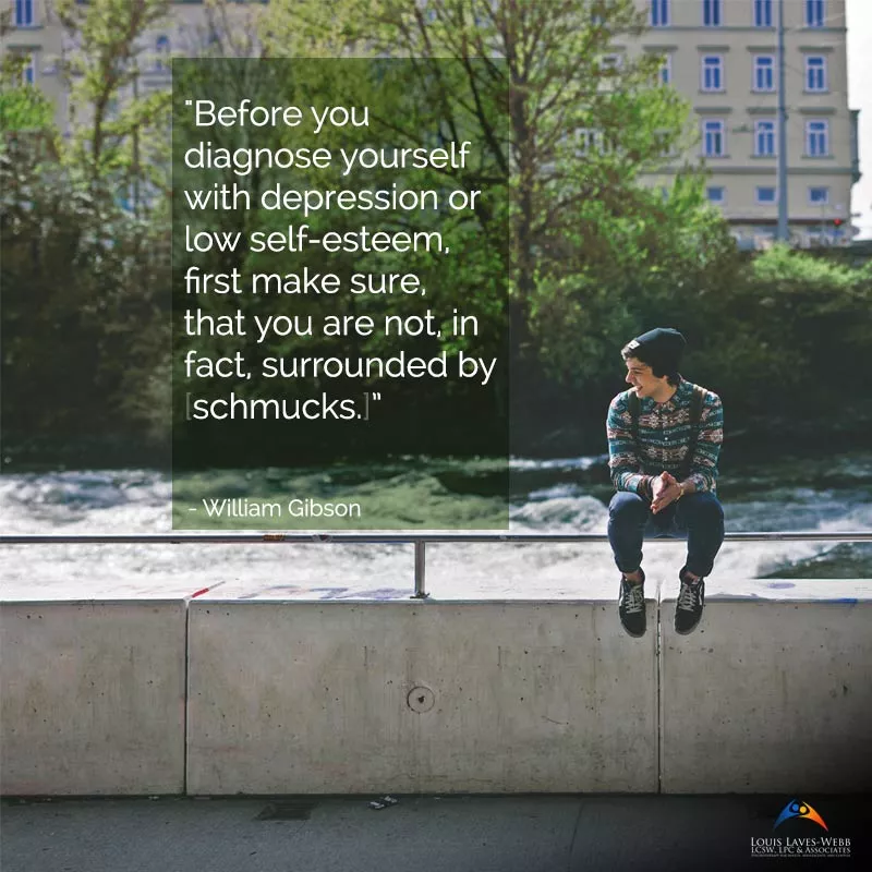 Person sitting by river with William Gibson quote.