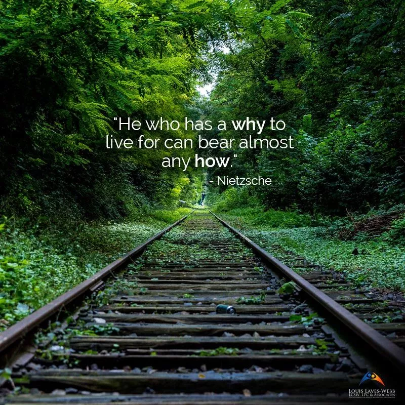 Railway tracks through lush forest with Nietzsche quote.