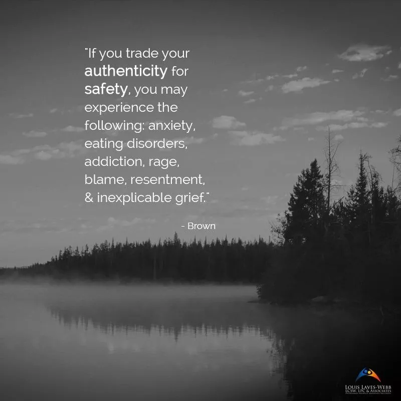 Silhouette of trees and quote on authenticity and safety.