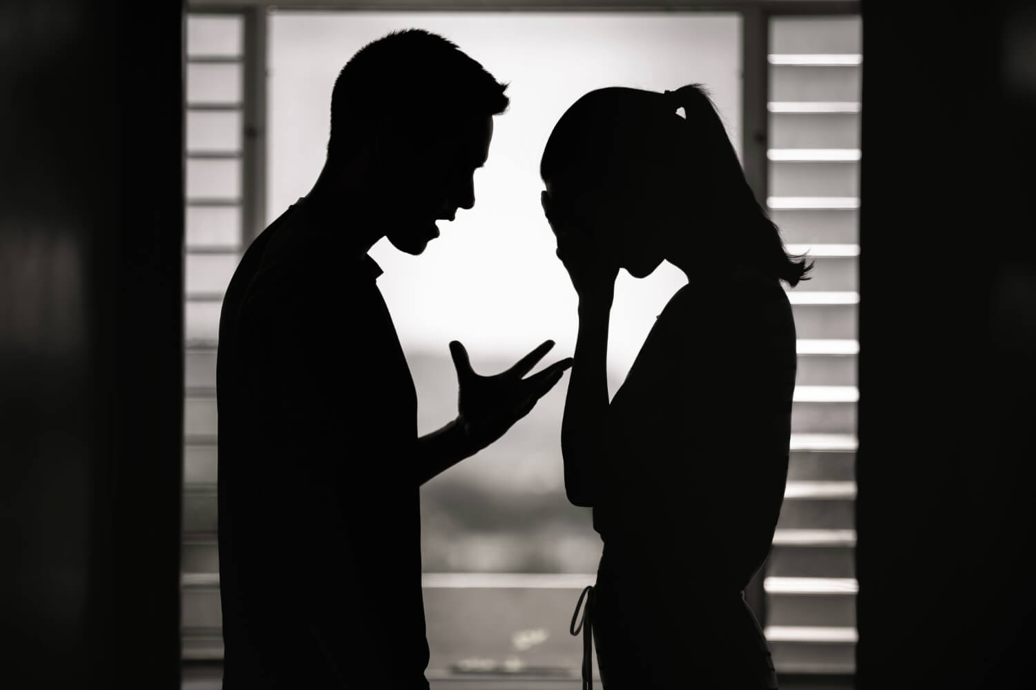 Silhouette of couple arguing inside.