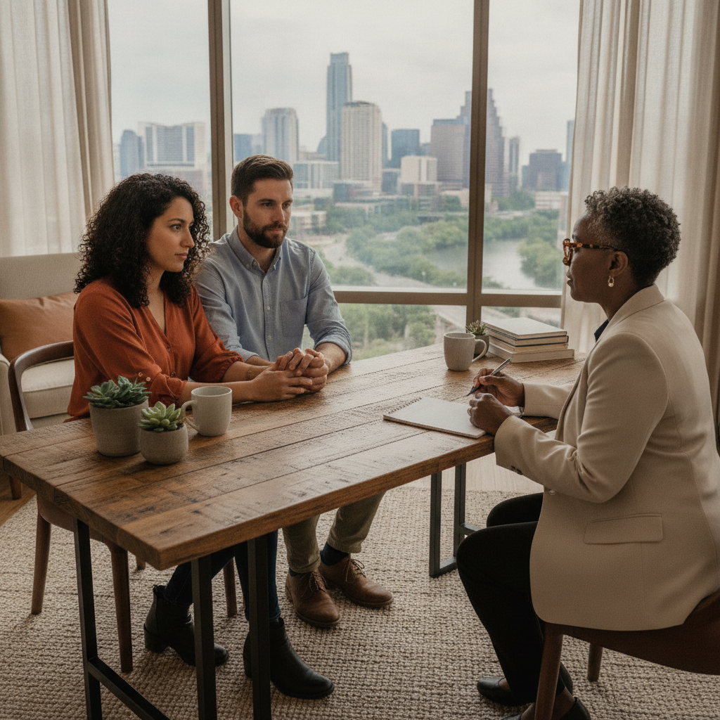 An Austin couple sits across from a marriage counselor at a desk with a cityscape in the background.
