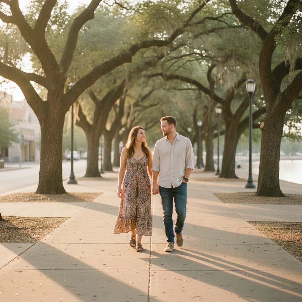 A couple walks hand-in-hand down a tree-lined sidewalk in Austin at golden hour.