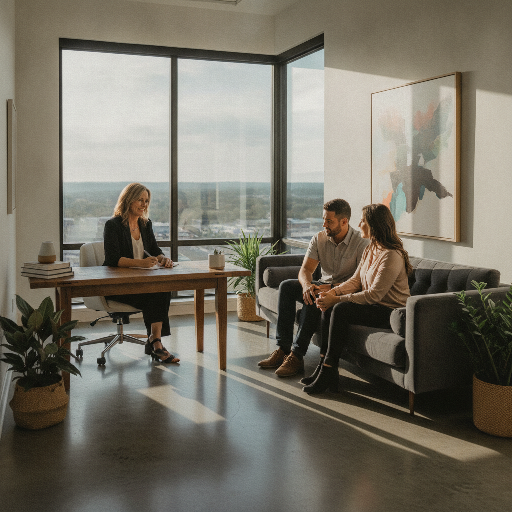 A female therapist takes notes while two clients sit across from her on a couch in a modern, sunlit Austin office.