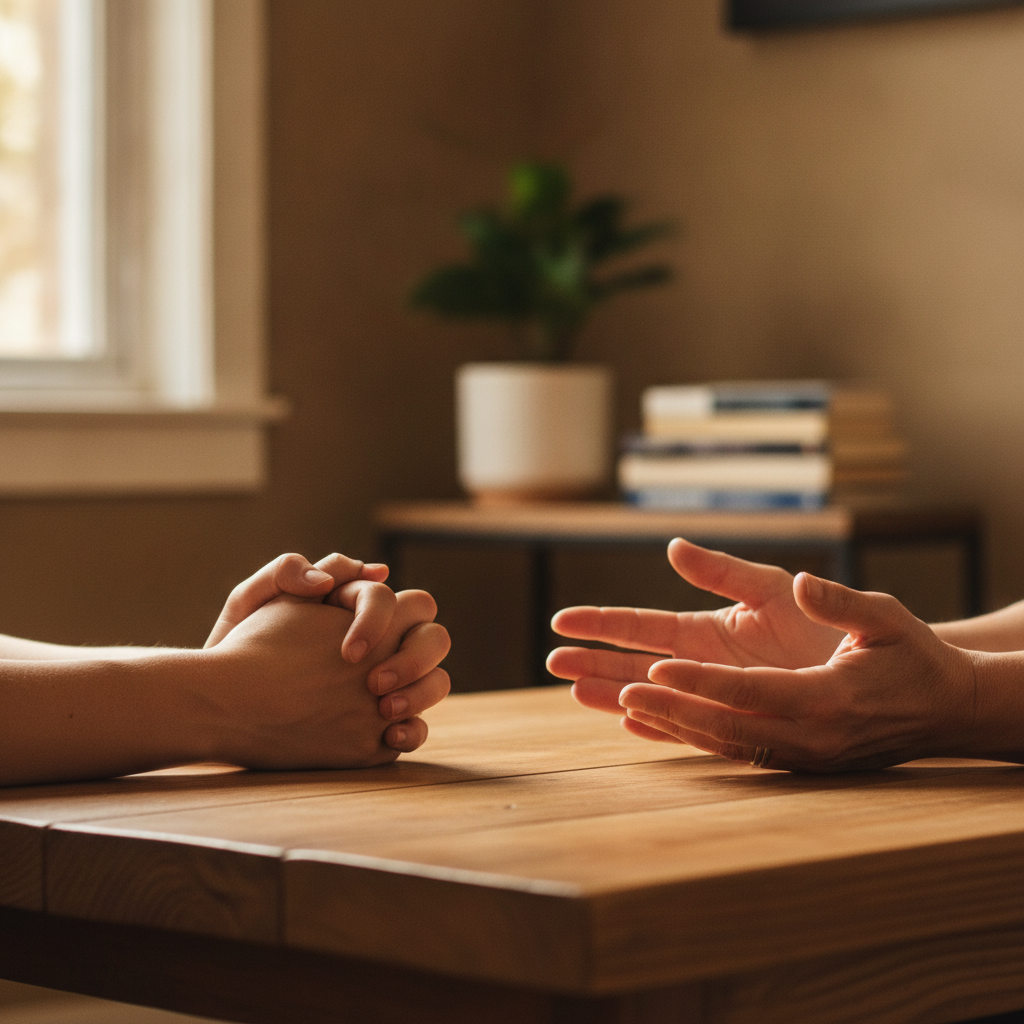 Two pairs of hands, one clasped, the other open, rest on a wooden table in a sunlit counseling office.