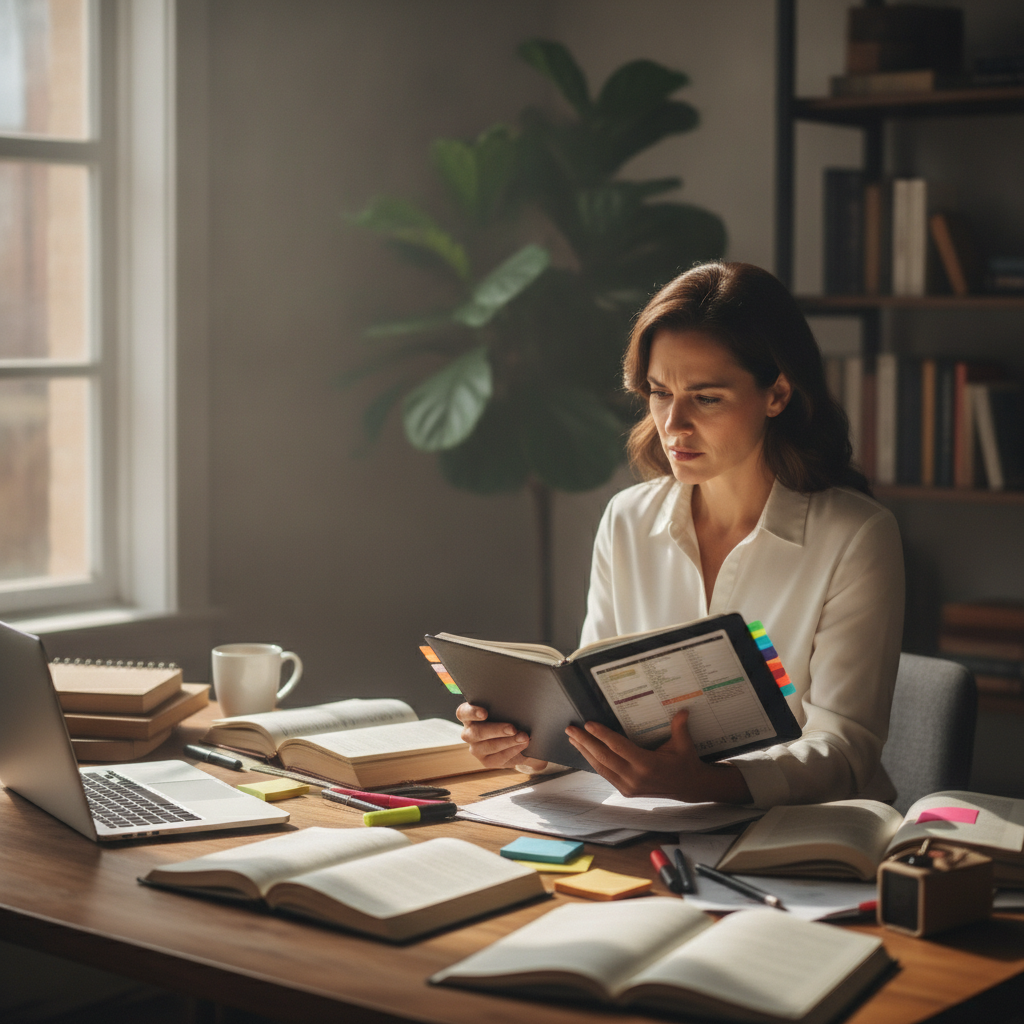 A focused professional at a cluttered desk reviews a structured planner, looking determined and self-aware.