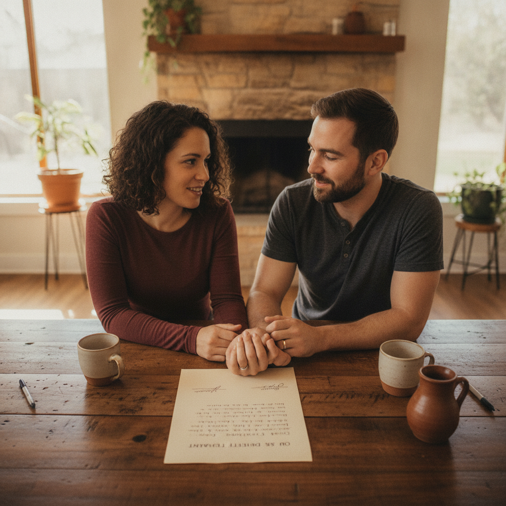 A couple sits at a rustic kitchen table in a well-lit Austin home, holding hands and looking at each other warmly.