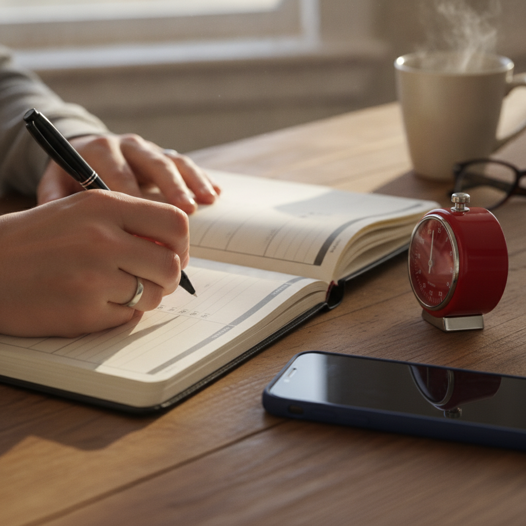 Hands writing in a daily planner on a wooden desk with a kitchen timer, phone, and mug in natural light.