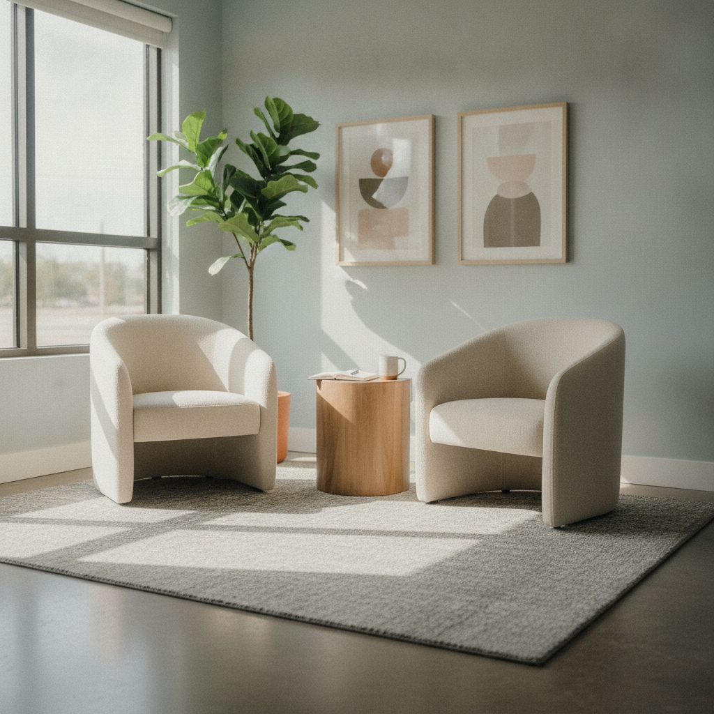 A sunlit, modern therapy office with two cream chairs, a wooden side table with a notepad, and a tall green plant.