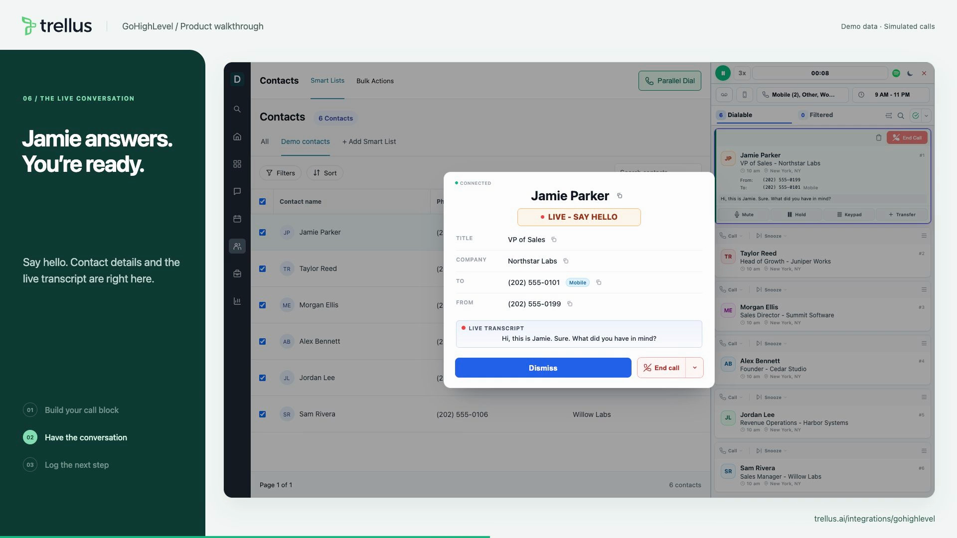 Trellus connected-call screen alongside a GoHighLevel Contacts Smart List, using demo contacts