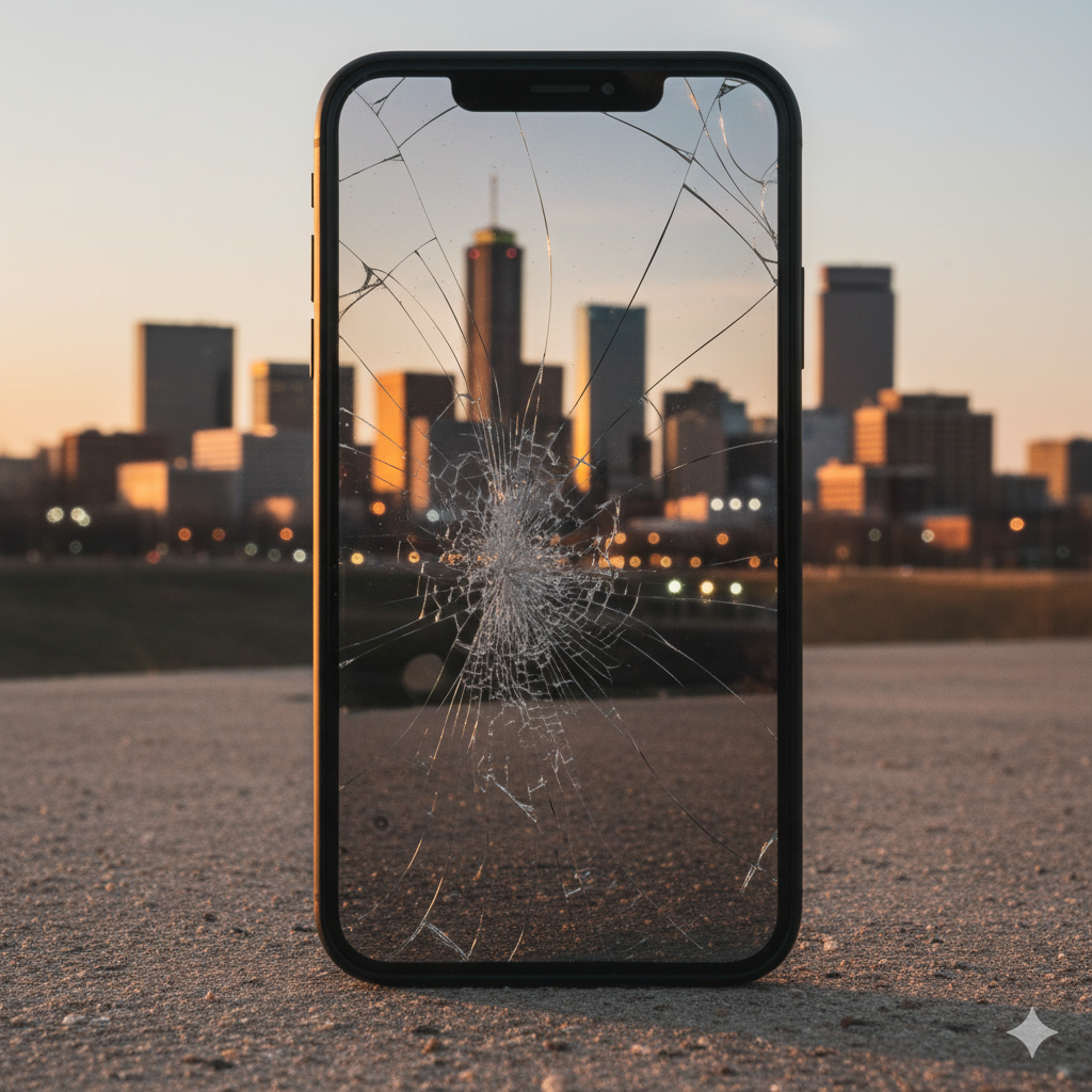 Smartphone with a shattered screen standing in front of a city skyline