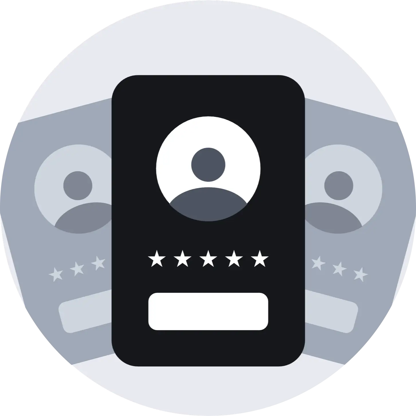 Три картки профілів користувачів, одна з яких — помітна чорна картка з п’ятьма зірками та іконкою користувача.