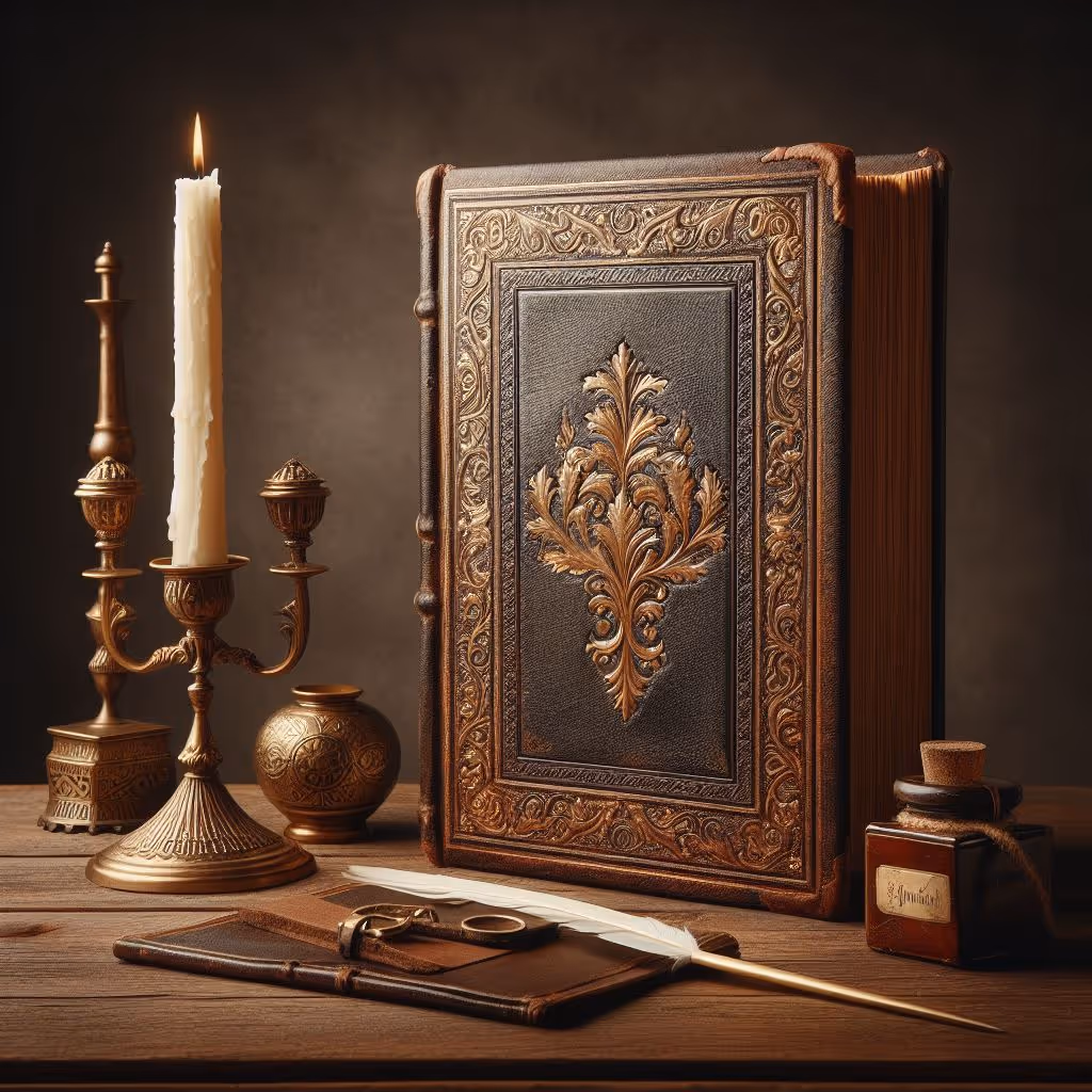 A large ornate leather-bound book, candle, quill, inkwell, and antique objects on a wooden table.