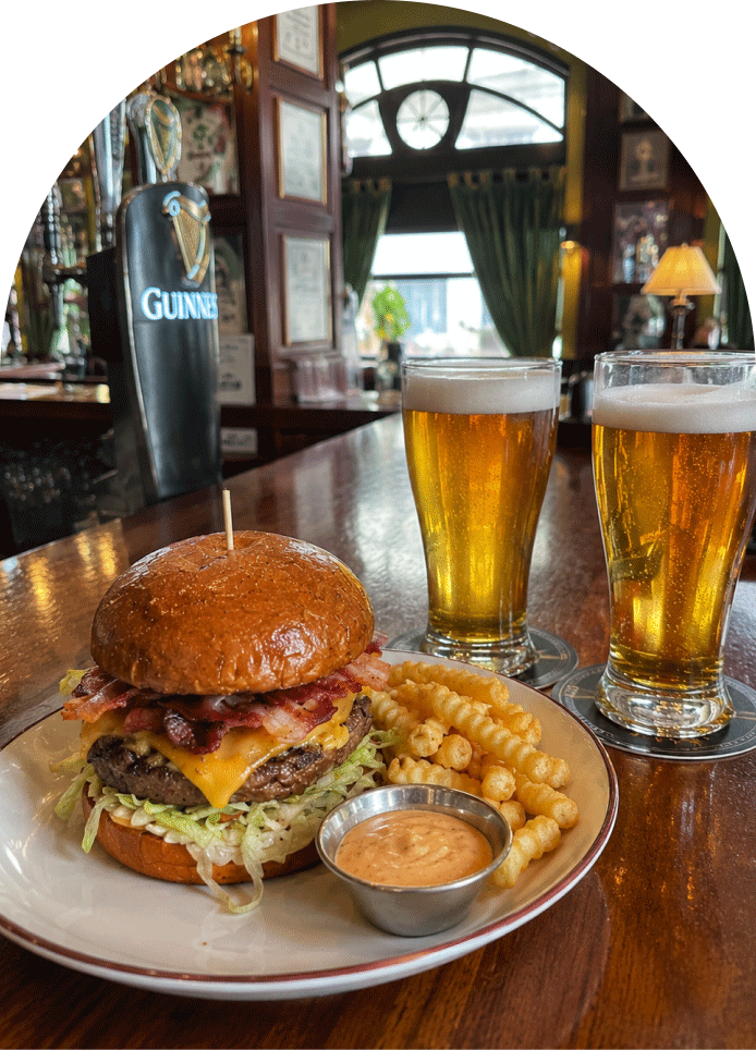 Burger and beer at The Quiet Woman Irish Pub