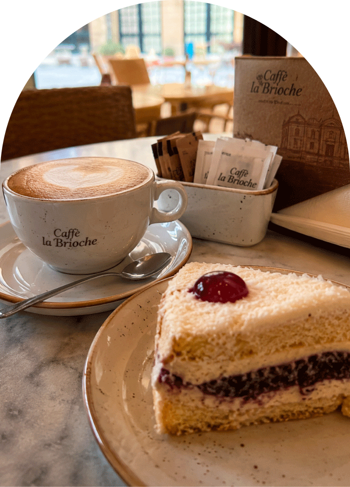 Coffee and cake at La Brioche café and bakery