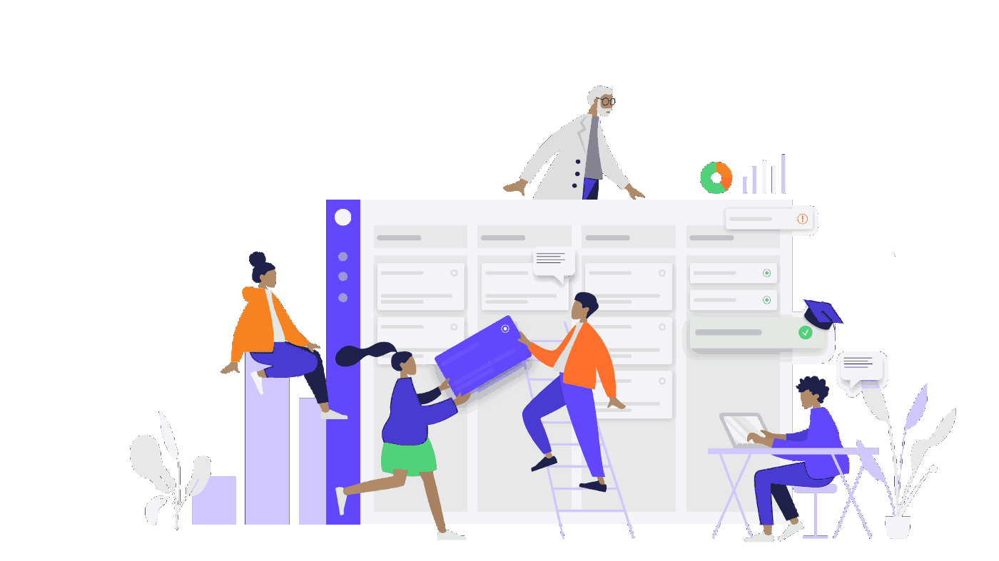 A vector image of students and instructors collaborating together with a kanban board.