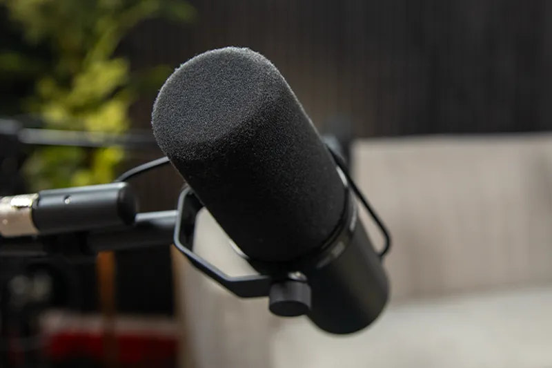 Shure SM7B microphone setup for professional audio podcast recording and voice-overs in Brooklyn.