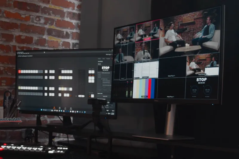 Live video production control monitors and switching software for full-day studio block rentals with engineer
