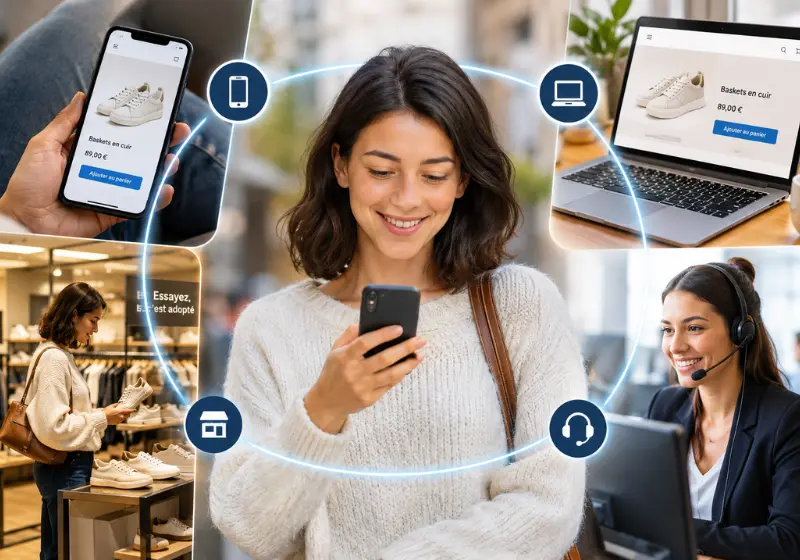 Une femme avec son téléphone avec l'illustration des différents canaux autour d'elle: appel, mail, chat/ GetHumanCall
