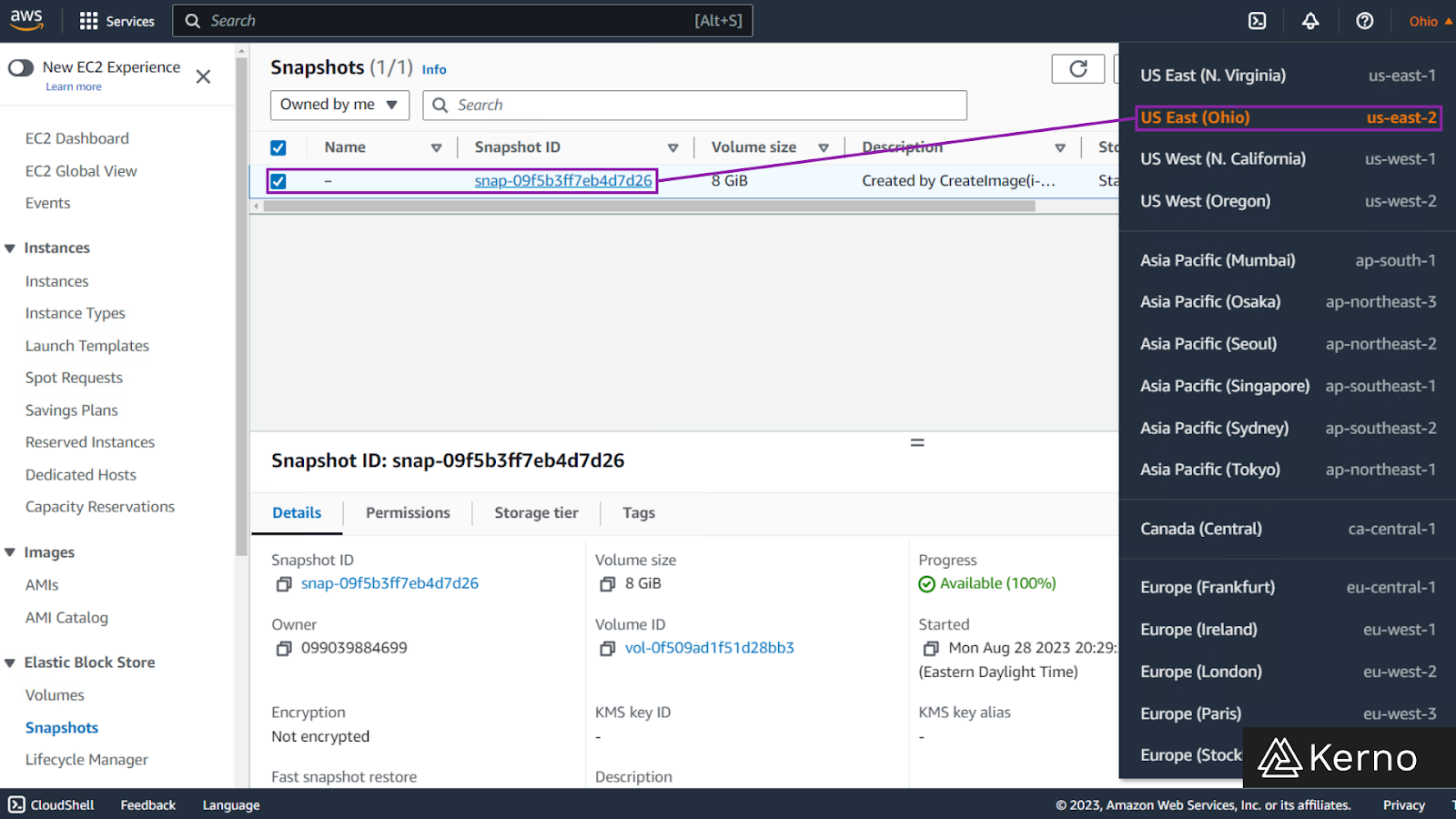 Figure 3.1 - EBS Snapshot to Different Availability Zone | An example of a running snapshot that's currently provisioned on US East (Ohio) us-east-2 with ID “snap-09f5b3ff7eb4d7d26”