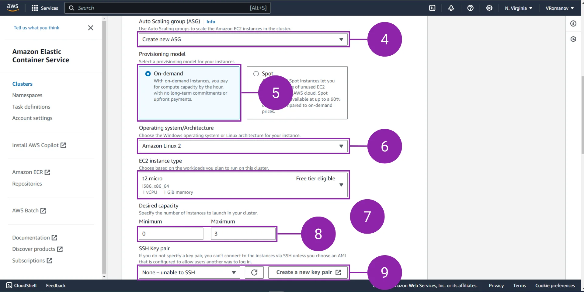 Figure 7 - AWS ECS | Setup Cluster Parameters & Specify EC2 Instances to Use