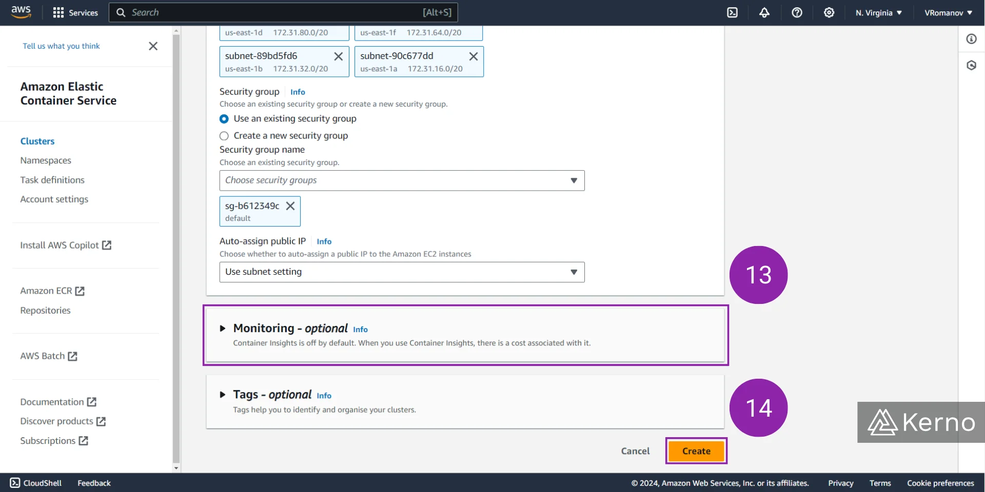 Figure 9 - AWS ECS | Setup Cluster Parameters & Specify EC2 Instances to Use