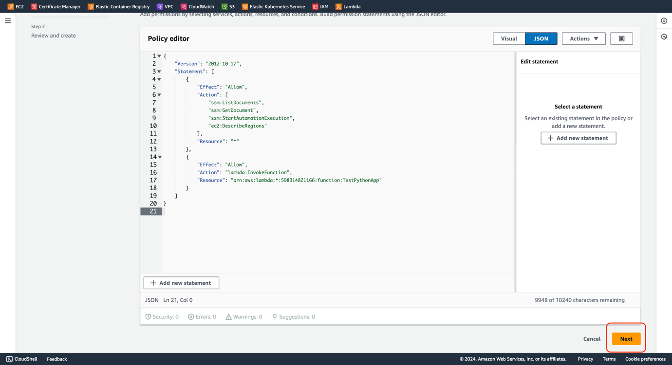 Figure 12 - Jira Automation AWS SSM | IAM Role Permissions in JSON