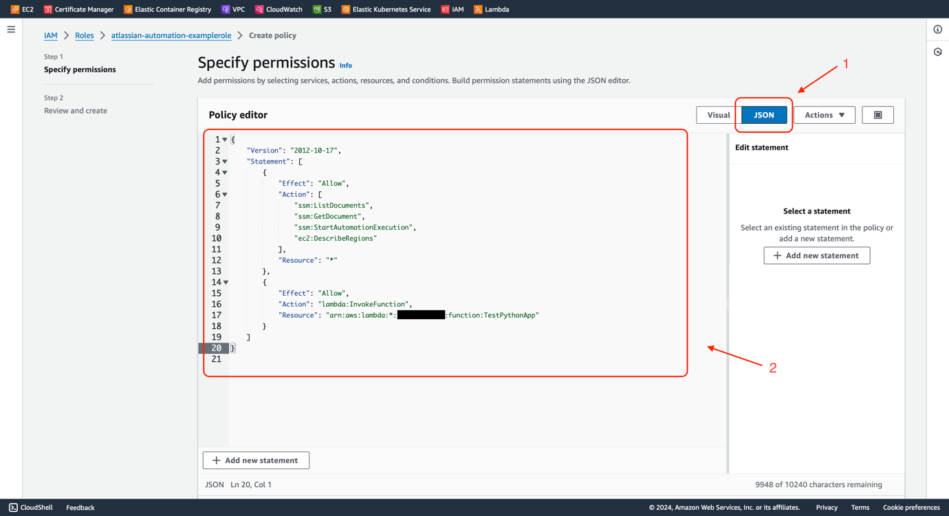 Figure 11 - Jira Automation AWS SSM | IAM Role Permissions in JSON