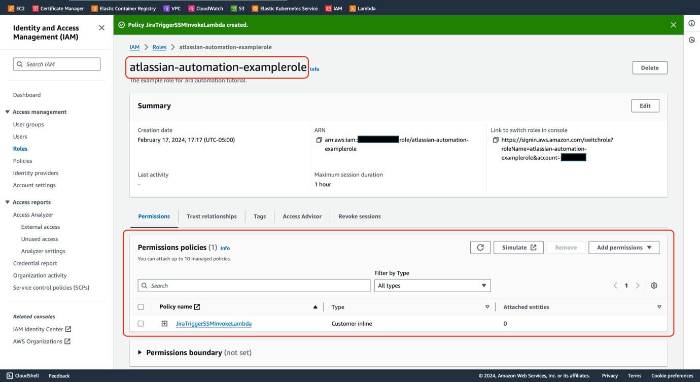 Figure 14 - Jira Automation AWS SSM | IAM Role Policy