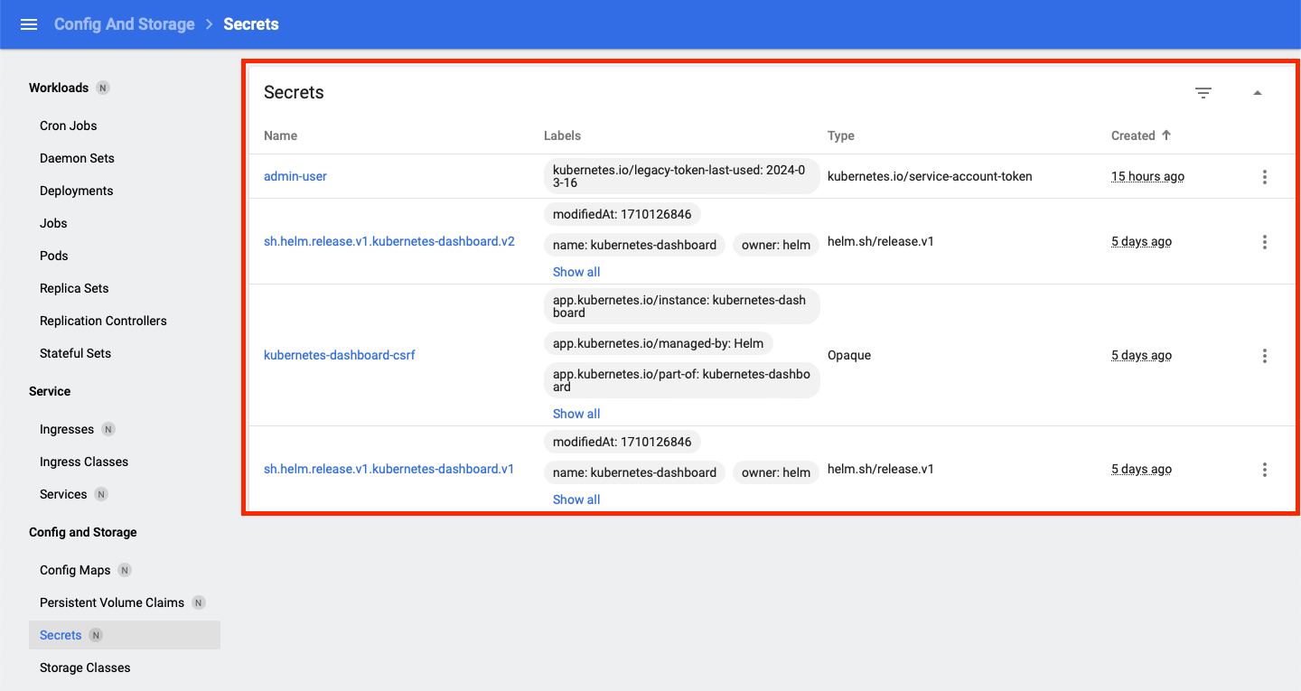 Figure 19 Config and Storage Overview | Secrets sub-view.