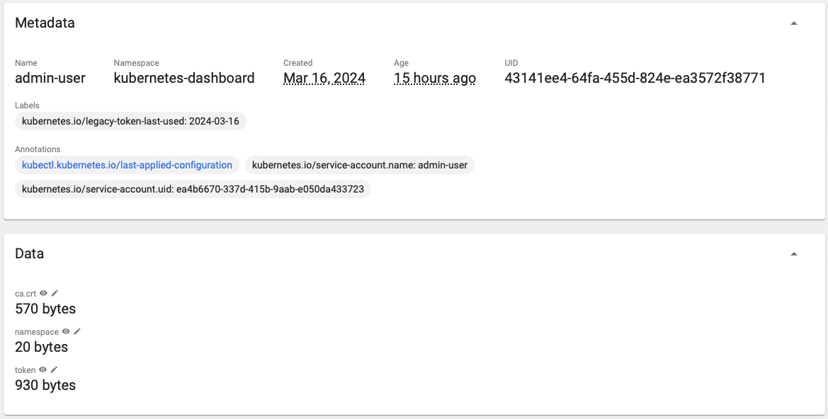 Figure 20 Config and Storage Overview | Secret `admin-user` detailed overview.
