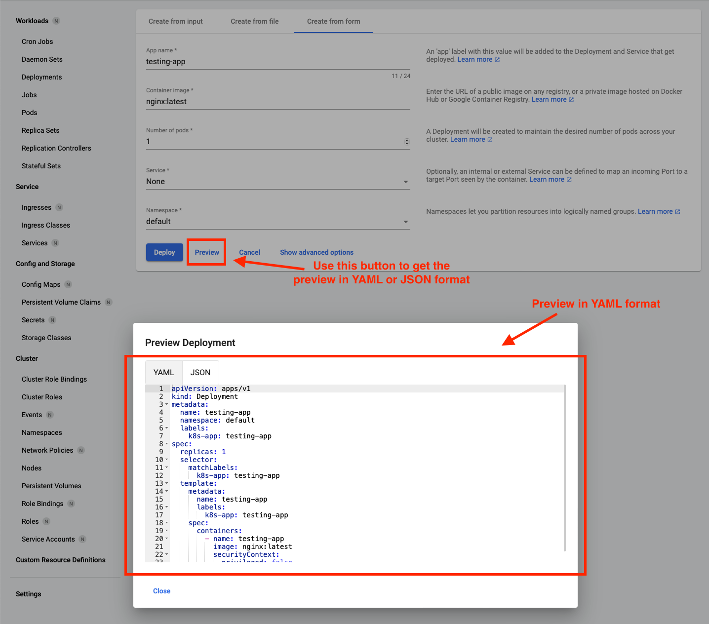 Figure 31 Quick Creation | Preview the deployment in YAML format.