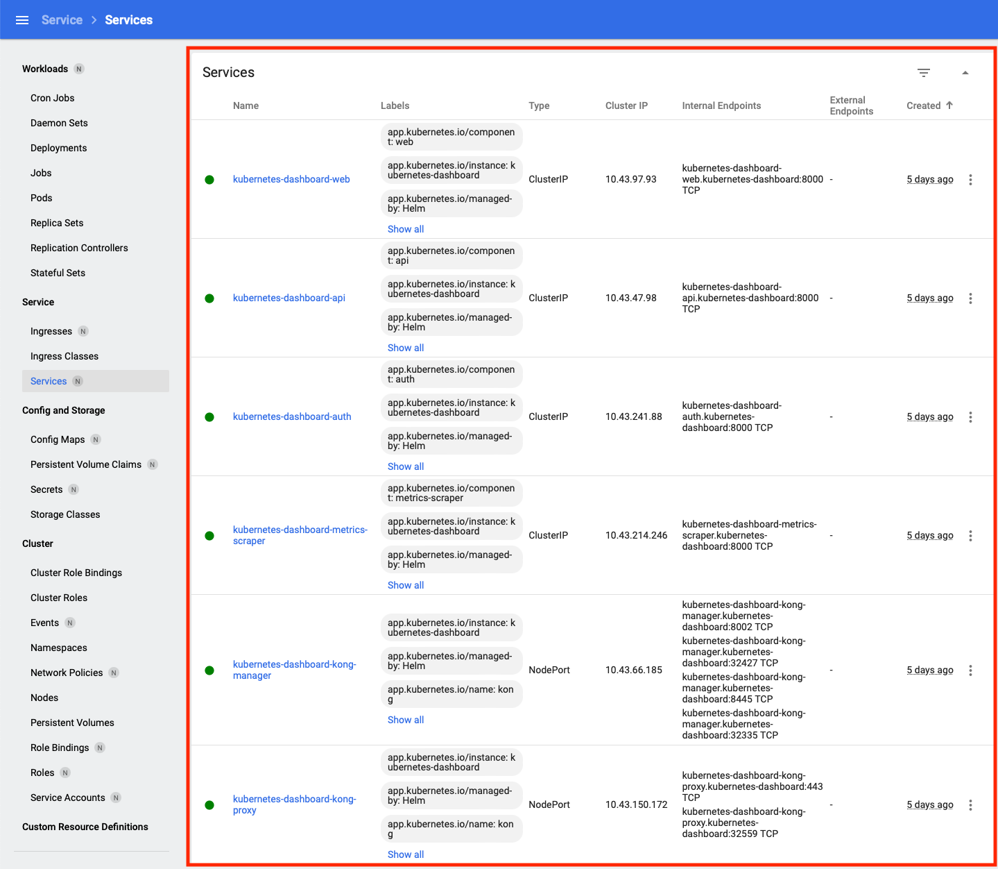 Figure 17 Service Overview | Services sub-view.