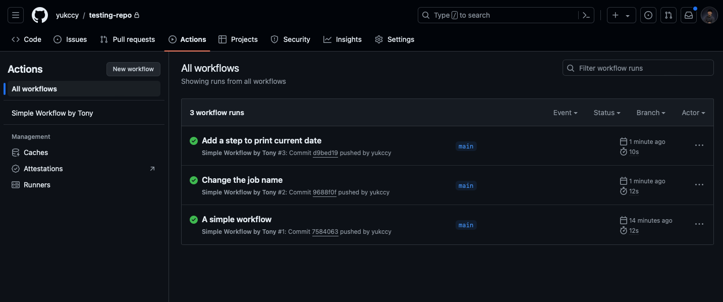 Figure 9 Create Your First Workflows | Workflow execution per commit.