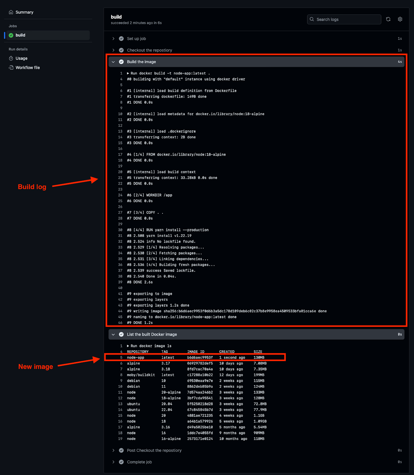 Figure 11 Build a Docker Image | Job execution log.