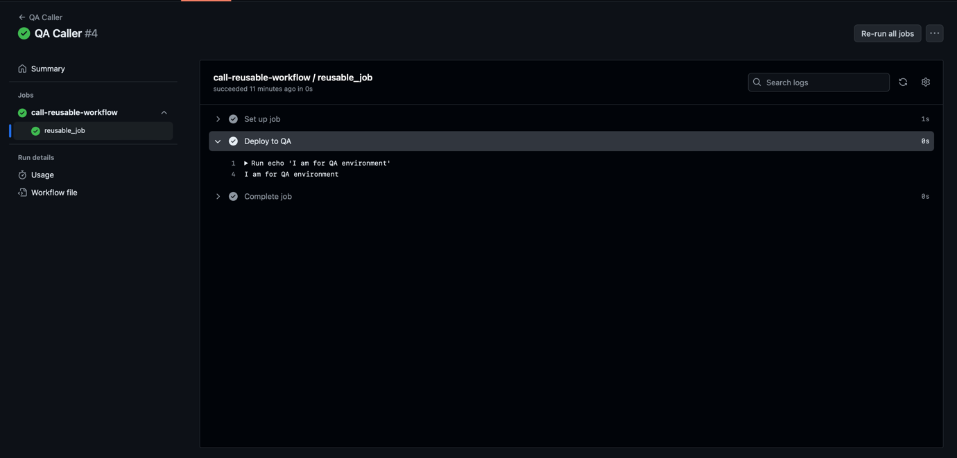 Figure 1 Reusable Workflows | QA Caller Workflow Output.