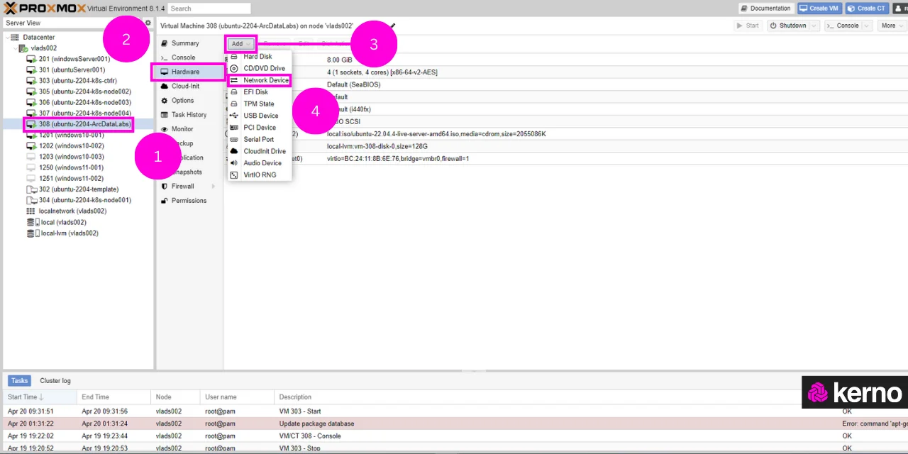 Figure 16 - Linux Static IP Address Configuration under Proxmox | Adding a Network Adapter in Proxmox for theLinux VM