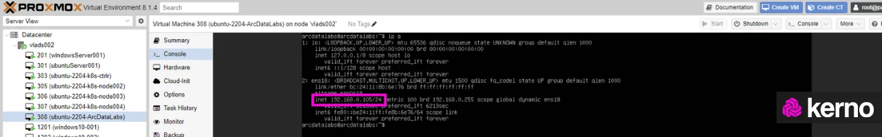 Figure 3 - Linux Static IP Address Configuration under Proxmox | Verifying the IP address of the Linu machine from the Proxmox UI