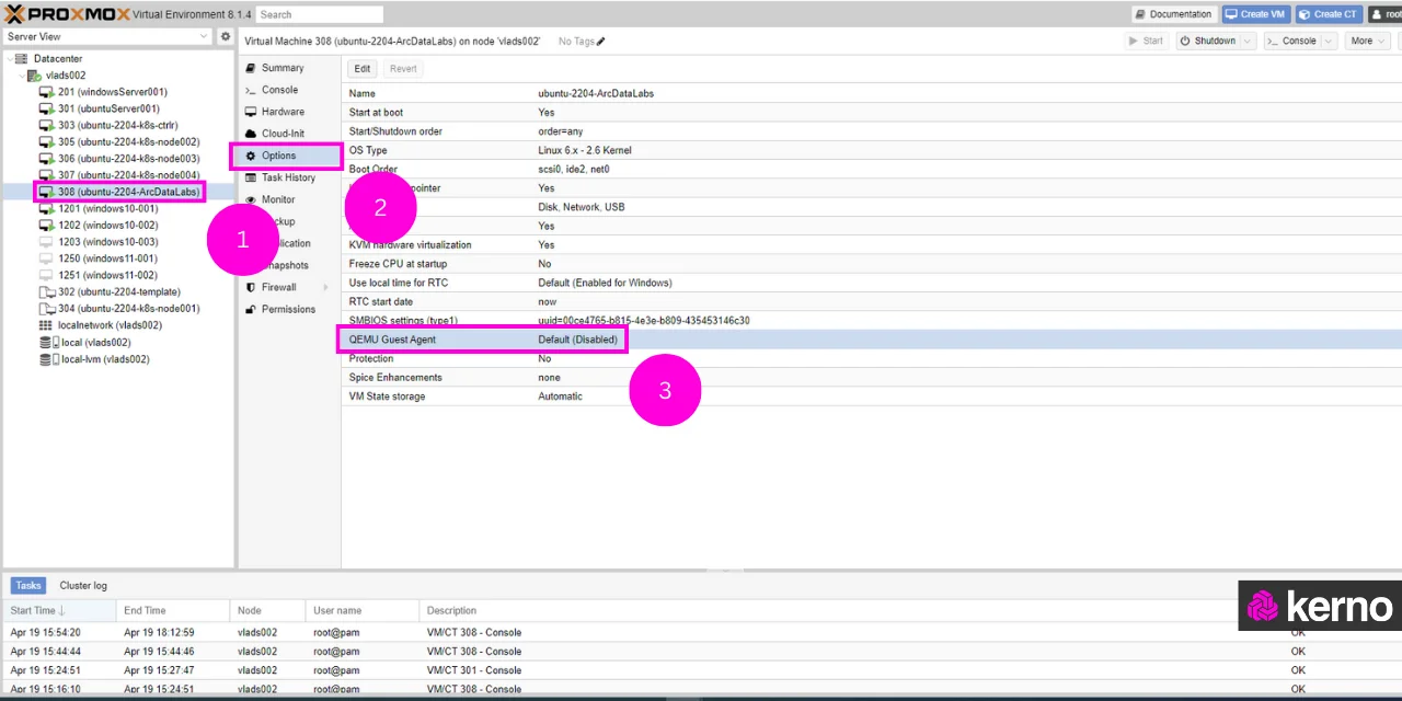 Figure 7 - Linux Static IP Address Configuration under Proxmox | Enabling the QEMU Agent in Proxmox