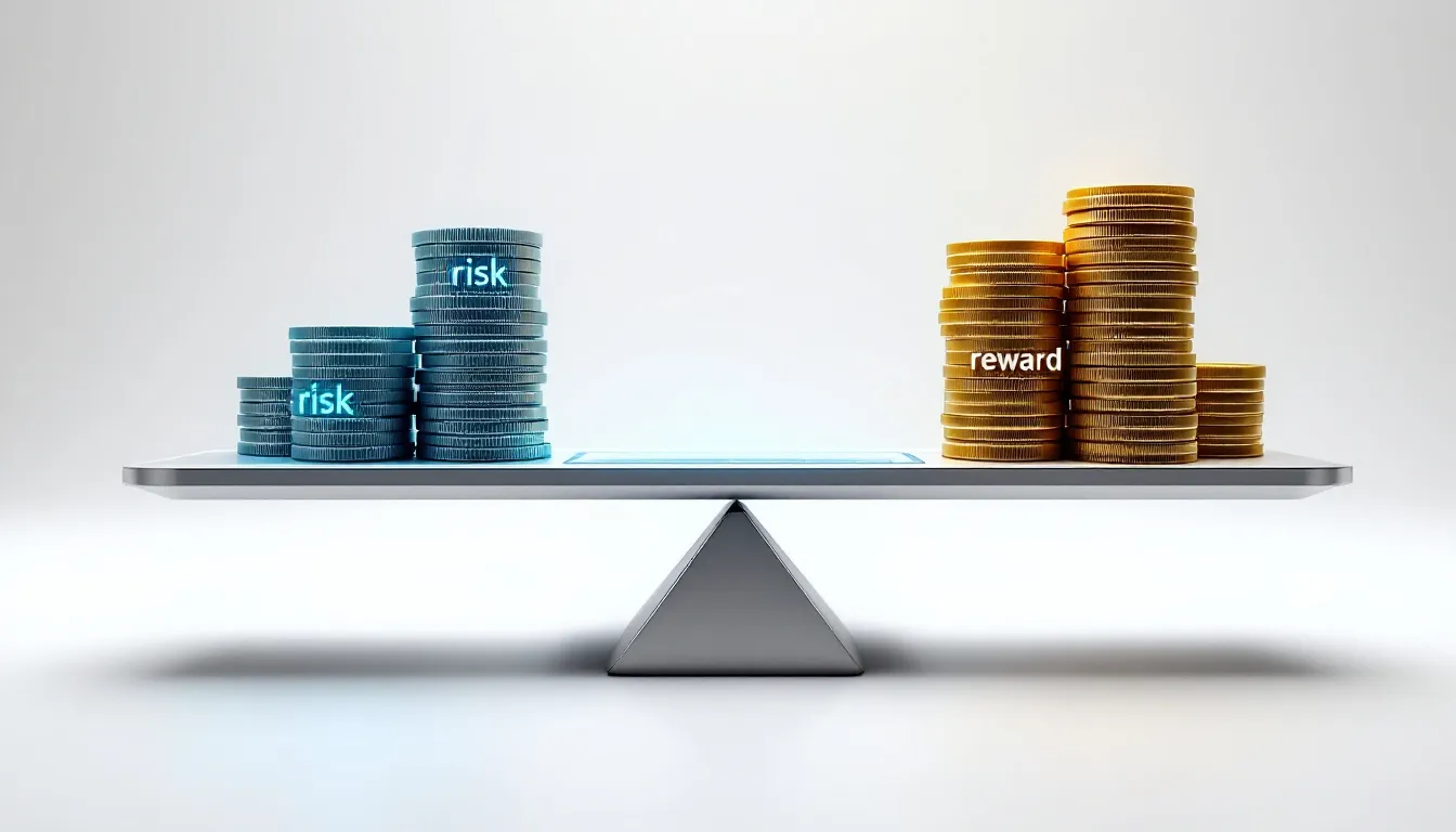 A balanced scale is depicted with digital coins representing risk on one side and reward on the other, symbolizing the dynamics of the cryptocurrency market and the volatility of altcoins. This imagery highlights the delicate balance investors must maintain when navigating the diverse landscape of digital assets and blockchain technology.