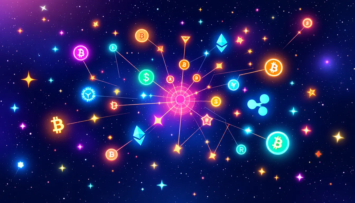 The image showcases a vibrant digital constellation of diverse cryptocurrency symbols, representing various altcoins and their interconnectedness within the cryptocurrency market. This colorful arrangement highlights the diversity and potential of digital assets, including alternative coins that operate on blockchain networks and contribute to the evolving crypto space.