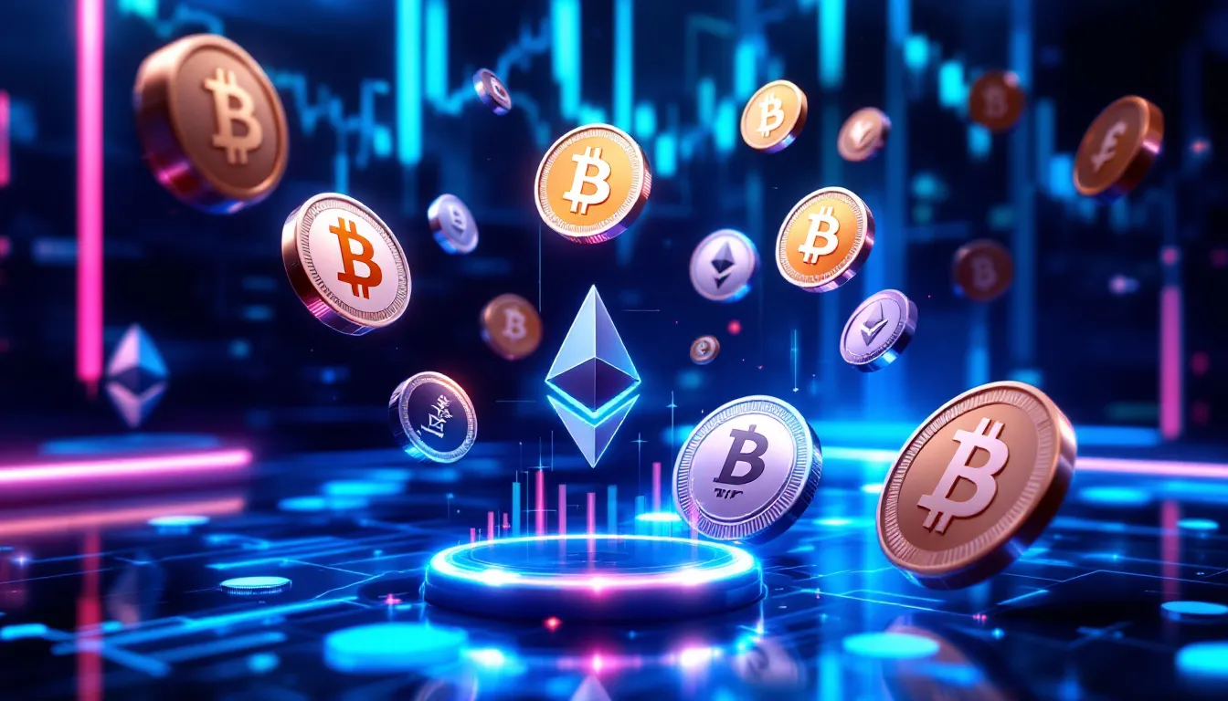 The image depicts various cryptocurrency coins and tokens, including altcoins, floating above a digital trading platform interface, showcasing the dynamic nature of the cryptocurrency market. This visual representation highlights the diversity of digital assets and the ongoing developments within blockchain technology and the altcoin market.