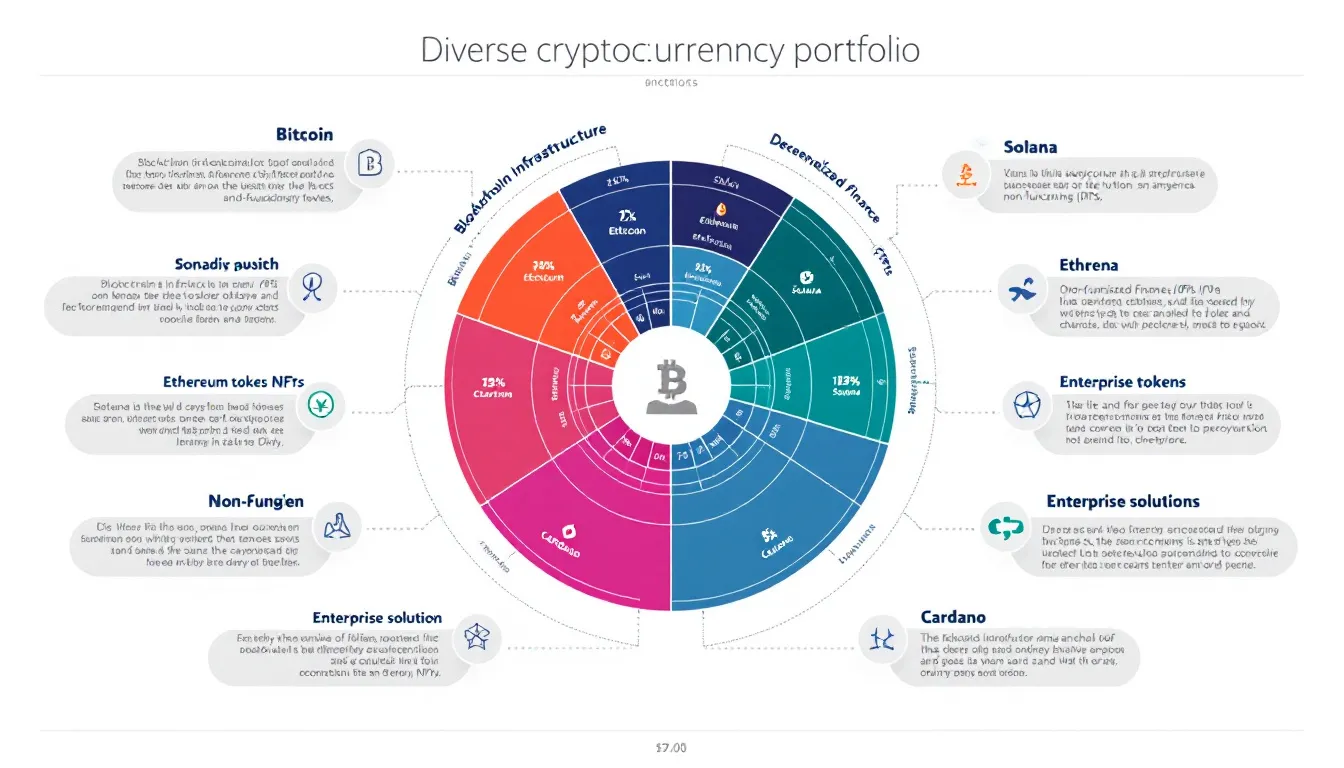 The image depicts a diverse portfolio visualization showcasing various sectors within the cryptocurrency market, illustrating their relative weightings. It highlights the distribution of digital assets, including altcoins and tokens, emphasizing the importance of diversity in investments within the crypto space.