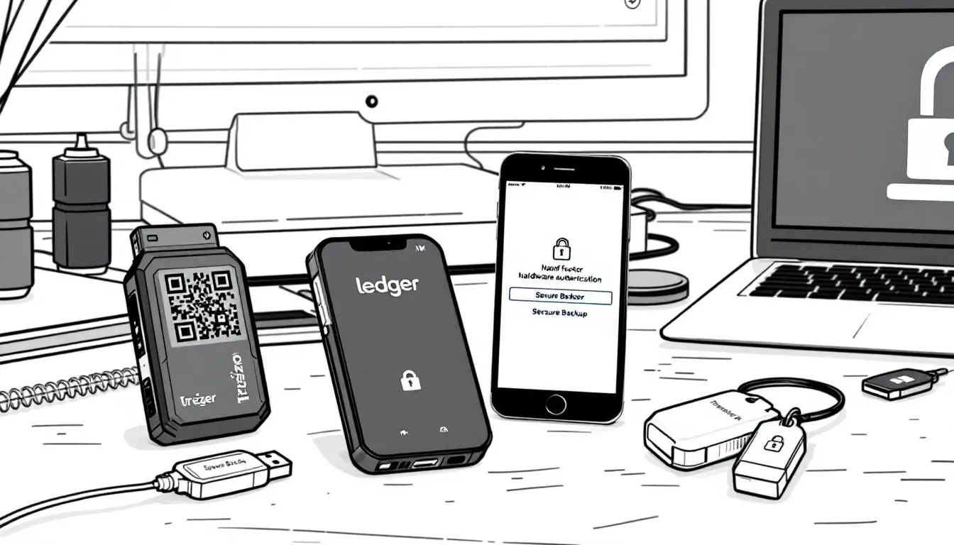 In this security-focused illustration, various hardware wallet devices are depicted alongside mobile phones featuring two-factor authentication and secure backup storage methods, emphasizing the importance of protecting private keys and valuable digital assets. The image highlights the concept of non-custodial wallets, showcasing how users can maintain complete control over their crypto assets through enhanced security practices.