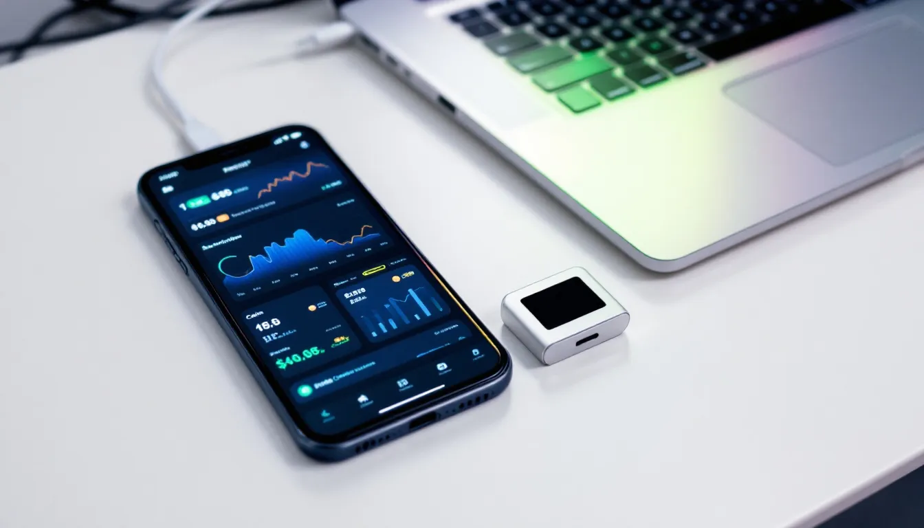 A hardware wallet device is shown beside a smartphone that displays various cryptocurrency portfolio interfaces, illustrating how users can manage their digital assets securely. This setup emphasizes the importance of hardware wallets for storing private keys offline, providing maximum security and complete control over valuable digital assets.