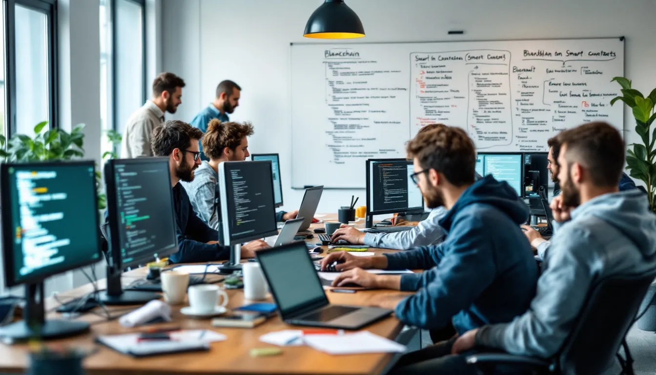 In the image, a group of developers is collaborating on smart contract code to create decentralized applications on the Ethereum blockchain. They are engaged in discussions about blockchain technology, focusing on the differences between Bitcoin and Ethereum, as they work to build innovative solutions in the crypto market.