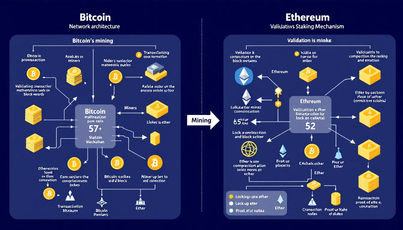 The image depicts a network architecture diagram contrasting Bitcoin's mining process, characterized by bitcoin miners validating transactions on the bitcoin blockchain, with Ethereum's staking mechanism, where ethereum developers utilize a proof-of-stake consensus mechanism to secure the ethereum network. This visual representation highlights the fundamental differences in the consensus mechanisms of these two prominent digital currencies.