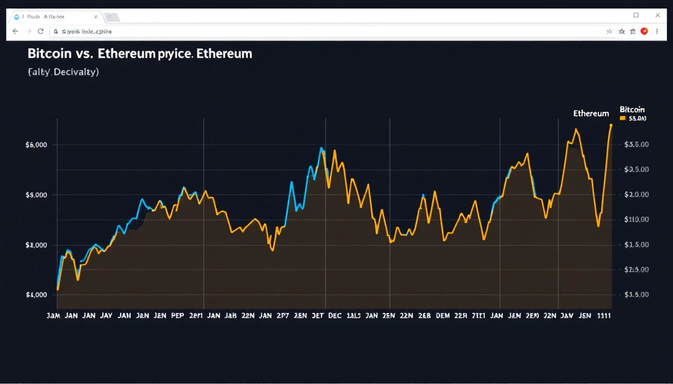 A line chart illustrates the comparative price volatility of Bitcoin and Ethereum over time, highlighting key differences between the two cryptocurrencies. The chart visually represents the fluctuations in market capitalization and transaction fees, showcasing how Bitcoin, often referred to as digital gold, differs from Ethereum's blockchain technology and its focus on smart contracts.