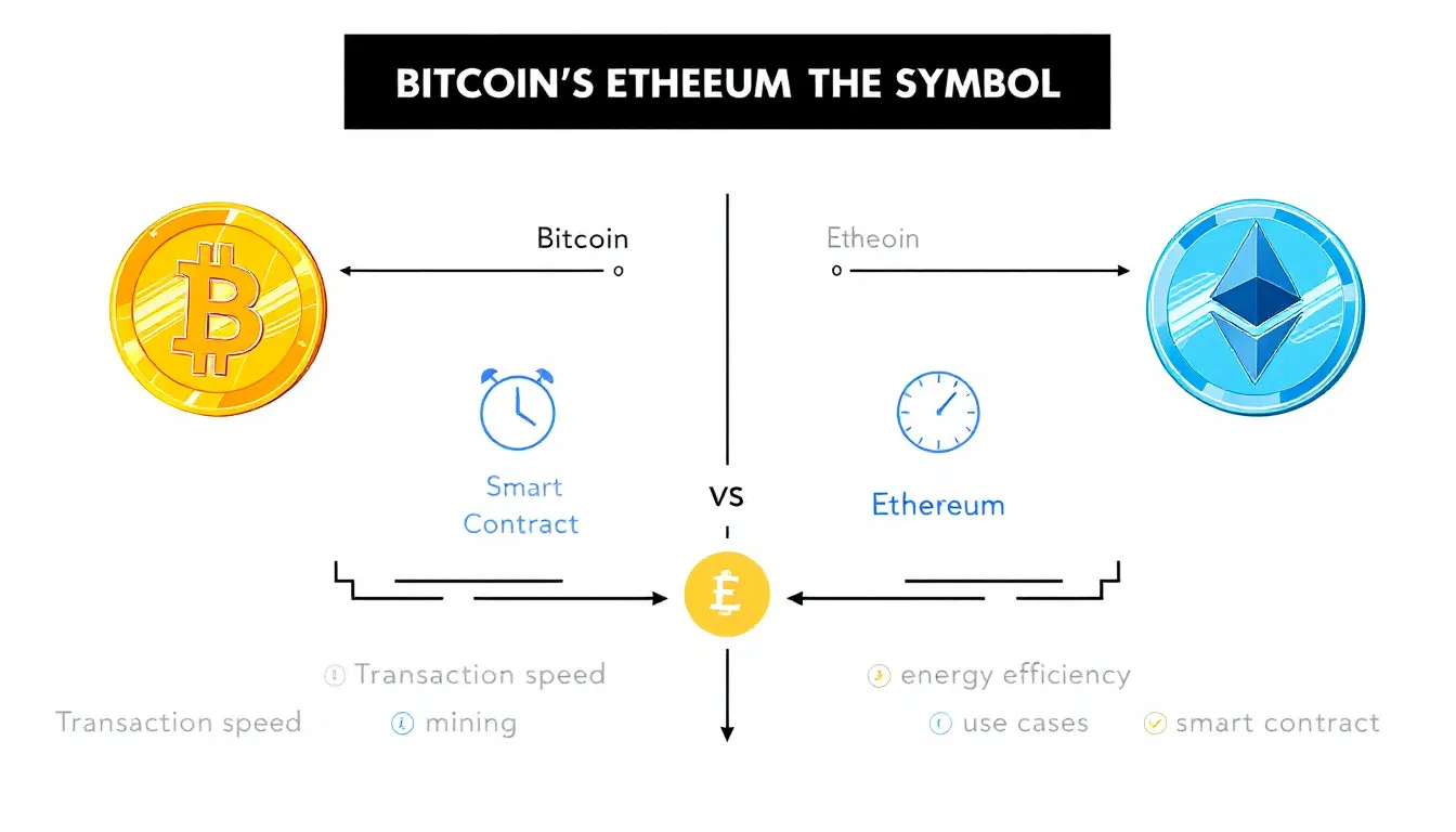 The image illustrates a comparison between Bitcoin and Ethereum, featuring their respective symbols alongside key differentiating features such as Bitcoin's fixed supply and role as "digital gold," and Ethereum's focus on smart contracts and decentralized applications. This visualization highlights the fundamental differences between these two major digital currencies within the blockchain technology landscape.