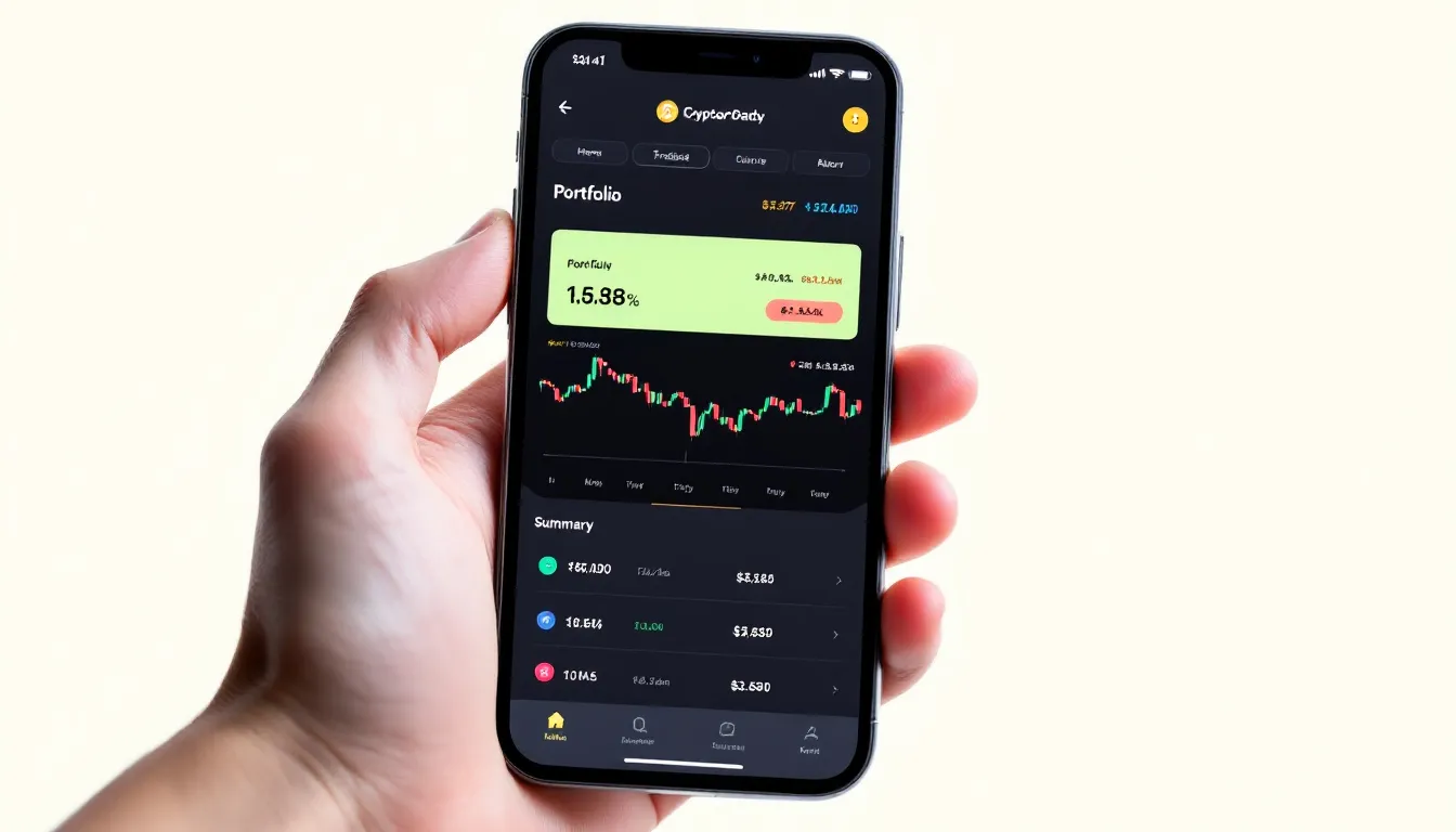 A modern smartphone displays a cryptocurrency trading app interface, featuring charts that illustrate market movement and a portfolio of digital assets. This user-friendly platform is designed for both experienced traders and beginners, allowing them to manage their crypto investments and track trading goals securely.